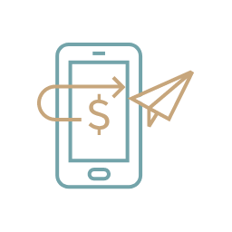 A pixel art style picture of an iphone with dollar sign and arrow.
