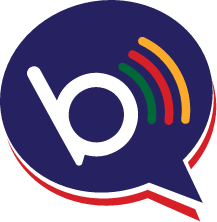 A blue speech bubble with a rainbow colored logo.